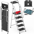 5 Step Foldable Step Ladder Stool with Roomy Tool Tray and Secure Handrail, Foldable Platform Ladder 5 Step Folding Stepstools with Wide Pedals and 800lbs Weight Capacity for Adults, Home, Kitchen
