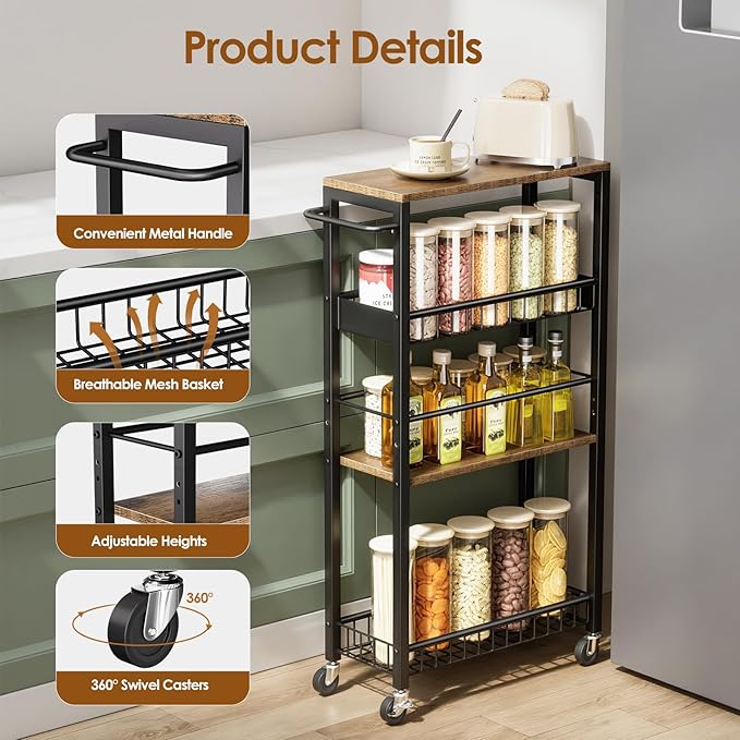 Slim Storage Rolling Cart, 4 Tier Narrow Cart with Wheels, Metal Kitchen Rolling Cart for Small Spaces, Slide Out Storage Shelves for Kitchen, Laundry Room, Bathroom, Living Room, 7.1in(W)