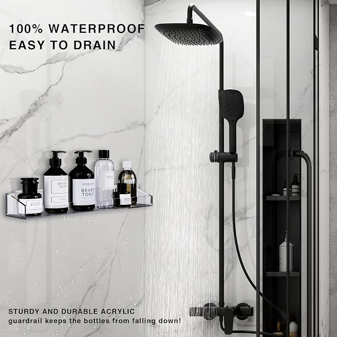 Bakzon Acrylic Shower Shelves 2 Pack – No Drill Adhesive Acrylic Bathroom Shelves, Heavy Duty Shower Caddy Holds 20 lbs, Clear Wall Mounted Shower Organizer for Inside Shower