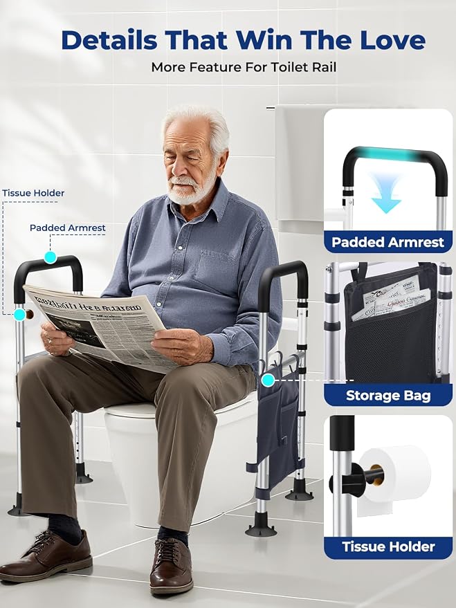 WHLICKS Toilet Safety Rails, Height & Width Adjustable Detachable Toilet Safety Frame for Seniors, Elderly & Disabled, Foldable Handicap Toilet Rails with Handles Storage Bag, Tissue Holder (350LB)