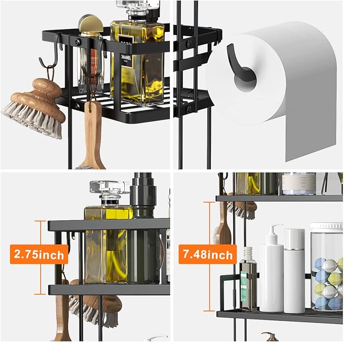 FLOLXNB Over The Toilet Storage Shelf, 3-Tier Bathroom Storage Organizer Upgrade Punch-Free Toliet Storage Shelf, Home Storage Rack with Hooks Shelf,Black