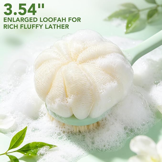 Back Scrubber for Shower, 15.7" Loofah with Handle, Back Shower Brush with Bristles and Loofah, Dry Brushing Body Brush for Cleanse Back and Hard to Reach Areas with Curved Long Handle