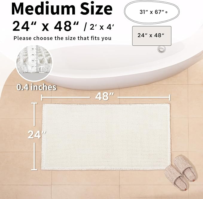 White Bathroom Rugs, Waffle Bath Mat Non Slip Washable, Super Absorbent & Quick Dry, Boho Bath Mat Farmhouse Bathroom Decor, 24'' x 48'', White