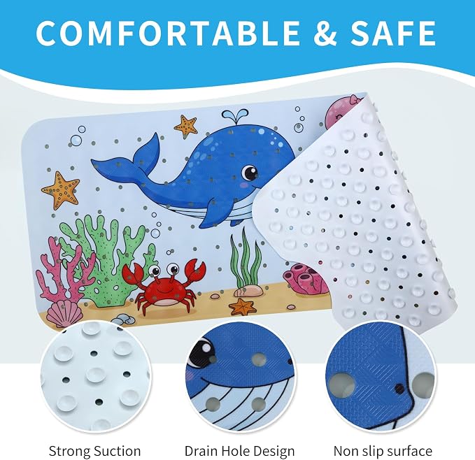 Bath Tub Shower Mat Non Slip Kids Bathtub Mat Anti Slip Baby Bath Mat for Tub 40 x 16 Inch Extra Long Toddler Bath Mat with Suction Cups and Drain Holes for Bathroom Floor,Machine Washable,Undersea