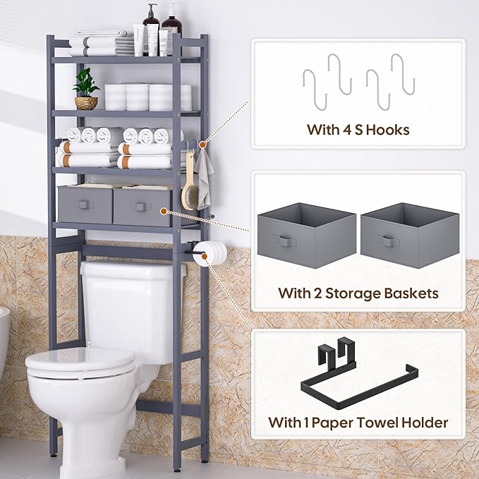 Cozivolife Over The Toilet Storage: 4-Tier Bamboo Organizer Rack with 2 Baskets & Paper Holder & 4 Hooks & Waterproof Feet Pad, Adjustable Freestanding Shelf for Bathroom (Grey)