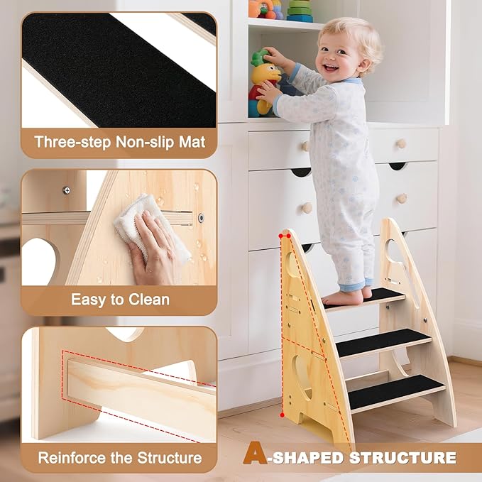 Toddler Step Stool, Wooden Height-Adjustable 3-Step Stool for Kids, Potty Training Stool with Handles and Non-Slip Pads for Bathroom Sink, Kitchen, Bedroom