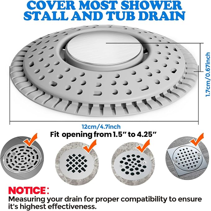 zaa Shower Drain Hair Catcher - Drain Protector & Shower Drain Cover for Regular Floor Drains of Shower Room, Bathroom, Upgraded 2Pack Premium Silicone & 304 Stainless Steel, Gray