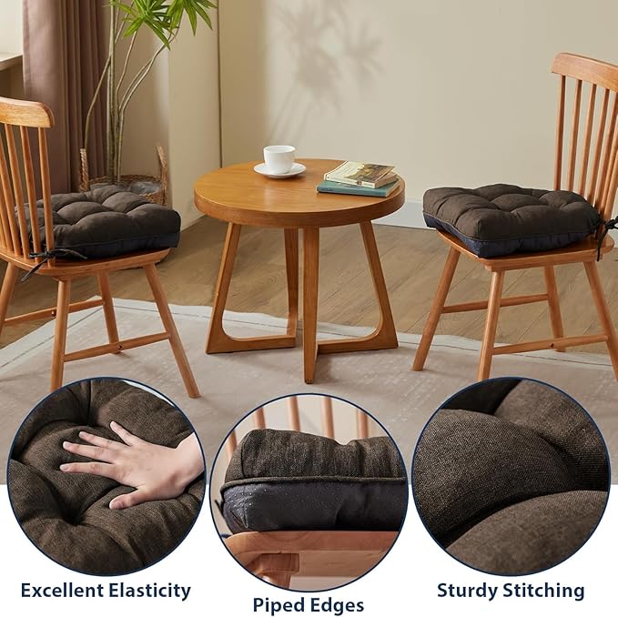 IASEAHK Chair Cushions for Dining Chairs, Seat Cushions for Kitchen Chairs, Indoor Seat Cushions with Ties, Tufted Foam Chair Pads, Non Slip Chair Cushions Set of 2, 15.5" x 15.5" x 4", Brown