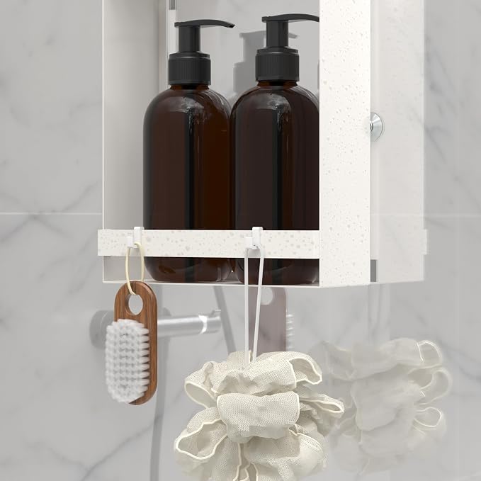 Over the Glass Shower Caddy Hanging, 2 Tier Stainless Steel Rustproof Shower Organizer Over the Door with Hooks, Bathroom Organizers and Storage Rack, Bathroom Decor Shelves - White
