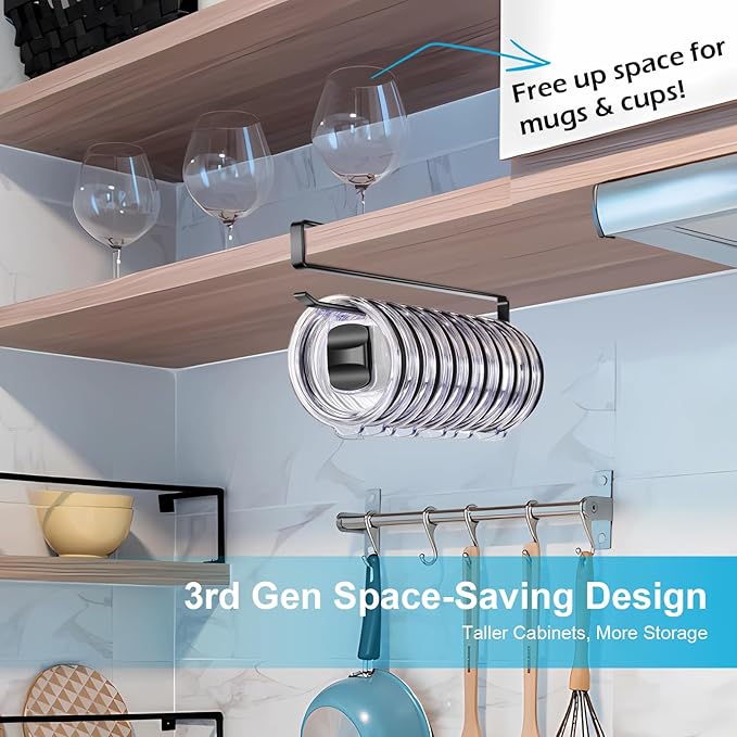 Tumbler Lid Organizer for Corner Cabinets, Space-Saving Coffee Cup Organizers Cups Holder, Water Bottle Accessories Storage, Kitchen Storages Organization Solution, Easy Install Up to 12 Lids (Black)