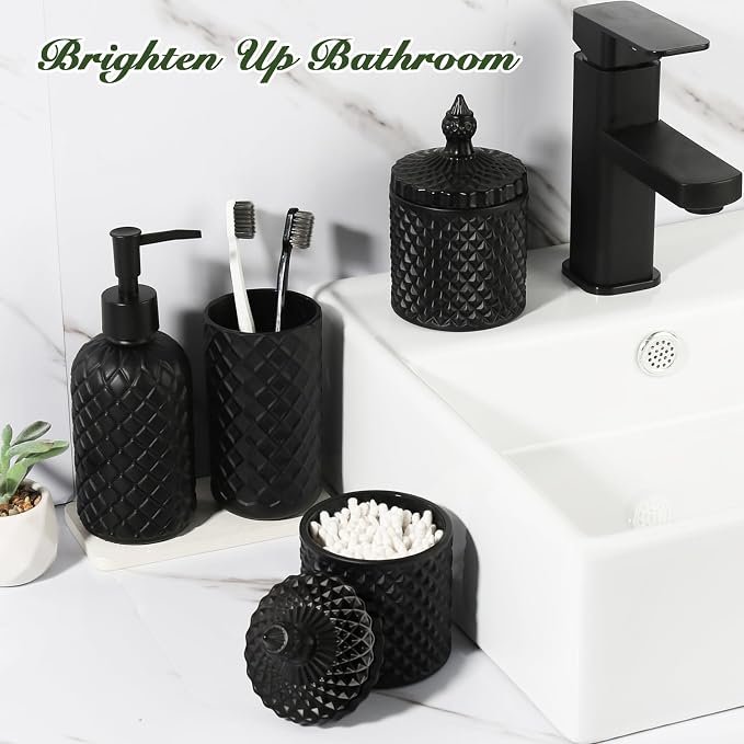 RYTOXILO Matte Black Bathroom Accessories Set, 4 Pack Black Bath Accessory Sets Complete, Diamond Glass Soap Dispenser and Toothbrush Holder Set for Countertop, Gothic Decor Organizer Essentials