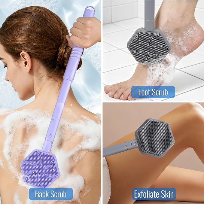 AIMAIAIMAI Silicone Back Scrubber for Shower – 21in Extendable Shower Brush with Long Handle – Dual-Sided Back Brush with Non-Slip Grip, Gentle Cleansing & Exfoliation for Men, Women, Elderly (Purple)