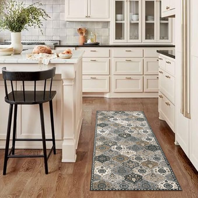 Lahome Moroccan Kitchen Runner Rug, 2'5''x8' Ultra-Thin Soft Washable Runner Oriental Non-Slip Hallway Rug Indoor Throw Carpet for Entryway Bedroom Laundry Room Foyer Elise, Grey