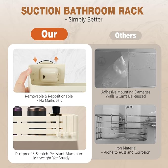 Lekesky Suction Cup Shower Caddy, No Drill Shower Shelves with a Towel Bar, Aluminum Rust Proof Bathroom Shower Organizer with 12 Hooks（2-Pack, Cream）