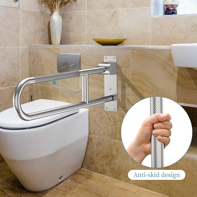 Toilet Grab Bar 30.3 Inch, Munzong Anti-Slip Handicap Grab Bars with Paper Holder, Flip-Up Bathroom Toilet Safety Rails, Stainless Steel Knurled Support handrails for Seniors Elderly Disabled Pregnant