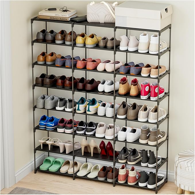 SMILHELTD Large Shoe Rack 3 Row 8 Tier for Entryway Organizer 48 Pairs, Tiered Sneaker Shelves with Dust-Proof Mats, Space Saving Storage for Garage Closet, DIY Assembly, 49.2" W x 50.8" H