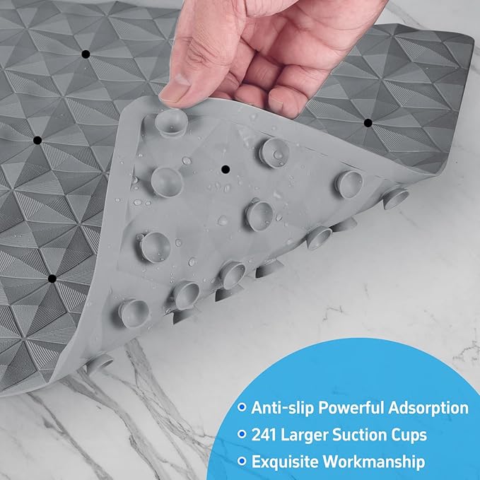 Non Slip Bathtub Mat for Bath Tub Shower - Natural Rubber Mat with 241 Suction Cups - Soft Bathroom Safety Mat - Unique Diamond Pattern - Fatigue Relief - Machine Washable - 16 × 28 Inch