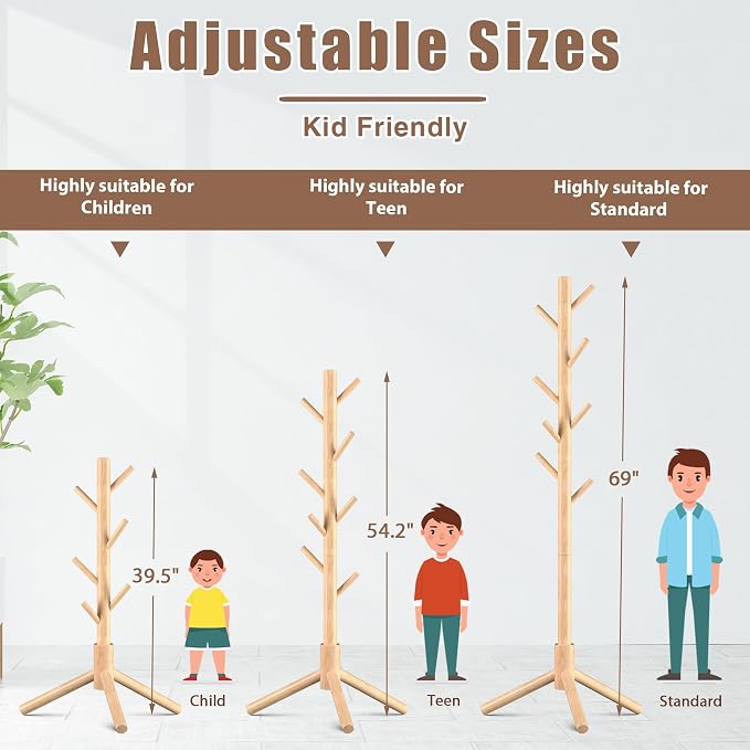 Haddockway Wooden Coat Rack Stand with 8 Hooks New Zealand Pine 3 Adjustable Coat Standing Tree Easy Assembly for Coats, Hats, Scarves and Handbags for Entryway, Hallway, Bedroom, Office