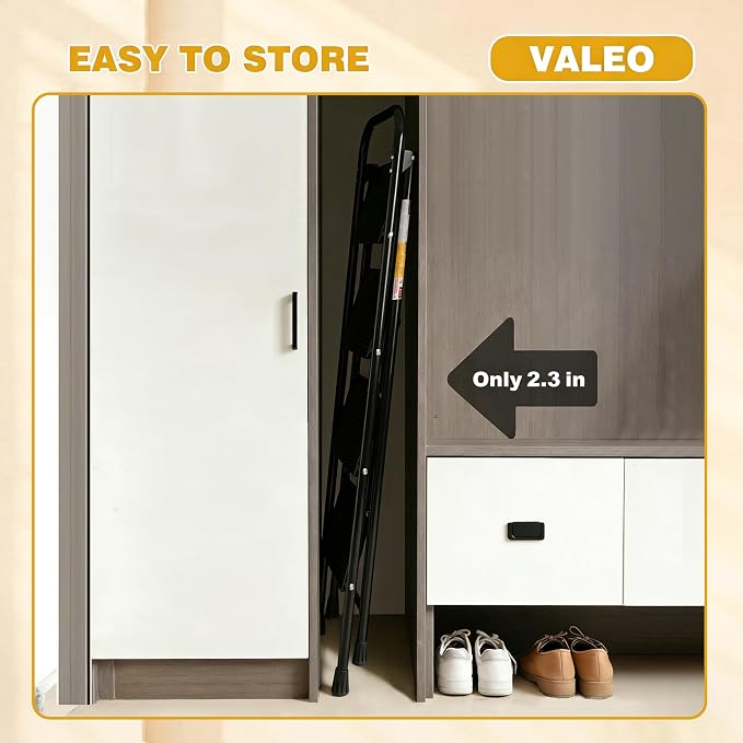 Valeo 4 Step Ladder, Step Stool with Wide Anti-Slip Pedal, 330 lbs Capacity,Step Ladder Folding Step Stool for Adults, Lightweight Steel Portable ladders for Home Kitchen & Office,Black