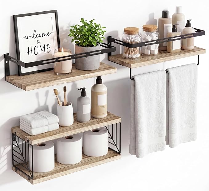 Fixwal Bathroom Shelves Over Toilet, Floating Shelves Wall Mounted with Metal Frame and Towel Bar for Bathroom, Kitchen, Bedroom, Living Room (3 Plus 1 Rustic Brown)