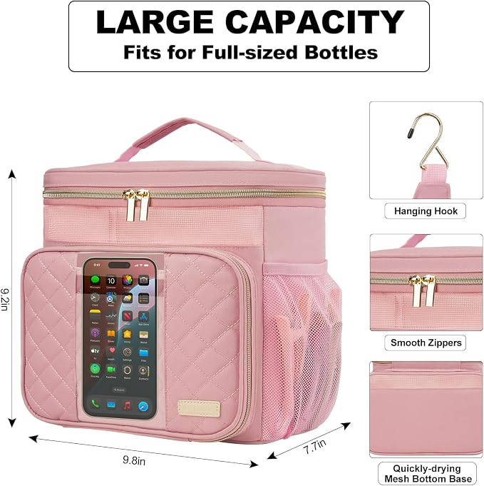 Portable Shower Caddy College Dorm Essentials (Full Size Bottle Compatible), Toiletry Bag for Women Men, Hanging Makeup Bag with Quickly Dry Mesh Base for Travel,Gym & Camping,Pink
