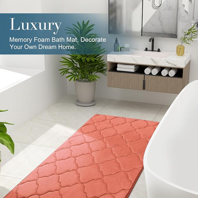 OLANLY Memory Foam Bath Mat Rug 30x20, Ultra Soft and Absorbent Bathroom Rugs, Non-Slip, Comfortable, Machine Washable Bath Carpet for Bathroom Floor, Tub, Shower and Home Decor Accessories, Coral