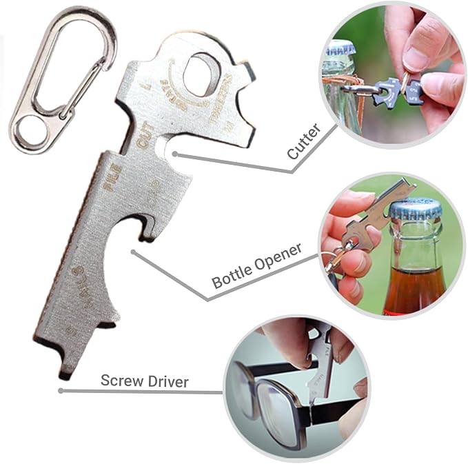8-in-1 EDC Multi-Tool Keychain with Carabiner Clip, Heavy Duty Pocket Tool with Screwdrivers, Bottle Opener, Cutter & Survival Functions, 1 Pack (Silver)
