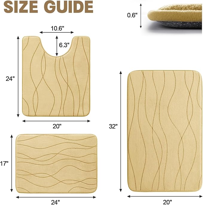 YIHOUSE Memory Foam Bathroom Rug Sets, 3 Piece, Beige | Ultra Soft, Absorbent, Non-Slip, Machine Washable