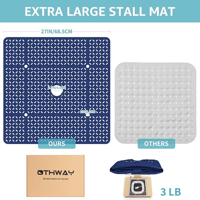 OTHWAY Square Shower Mat, 27"x 27" Extra Large Shower Mats for Inside Shower, TPE Anti Slip Shower mat with Suction Cups Drain Holes, Machine Washable Shower Floor Mat (Navy Blue)