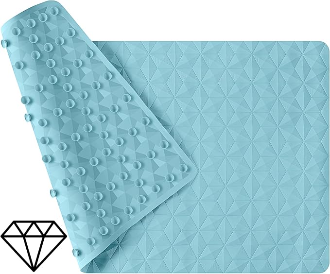 Bathtub Mat Non Slip - Natural Rubber Bath Tub Shower Safety Mat - 16 x 28 Inch Shower Mats with Suction Cups - Delicate Diamond Pattern - Softer - BPA Free - Machine Washable - Elegant Blue