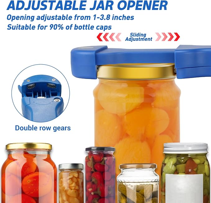 Jar Opener for Seniors with Arthritis, 7 in 1 Bottle Opener and Wine Corkscrew, Easy Grip Kitchen Gadget for Weak Hands Elderly, Retractable Jaw Lid Opener with Magnetic Storage (Blue)