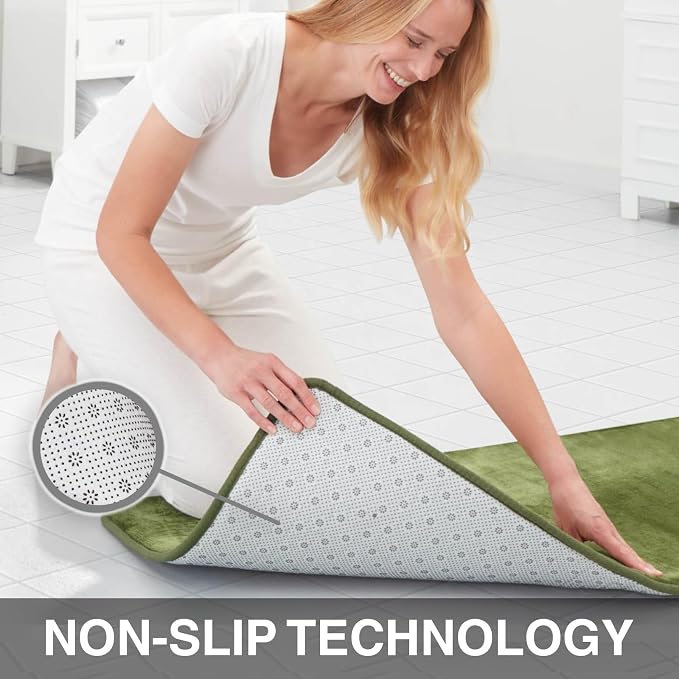 Memory Foam Bath Mat Non Slip Absorbent Super Cozy Velvet Bathroom Rug Carpet (60 inches X 24 inches, Green)
