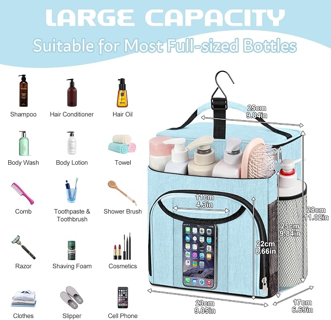 Attmu Shower Caddy Portable, Hanging Shower Bag for Dorm Room College, Large Capacity Quick Dry Mesh Tote Bag for Travel Camping Essentials (Dusty Blue)