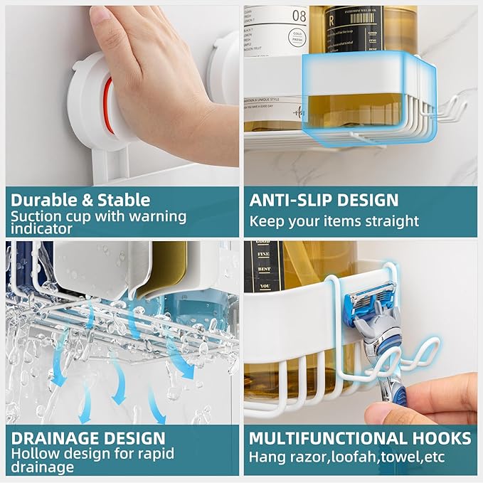TAILI Shower Caddy Suction Cup 2 Pack With Visible Safety Indicator, Stainless Steel Rustproof Shower Shelves, No Drilling Wall Mounted Basket, Upgraded Removable Suction Cup Bathroom Organizers,White