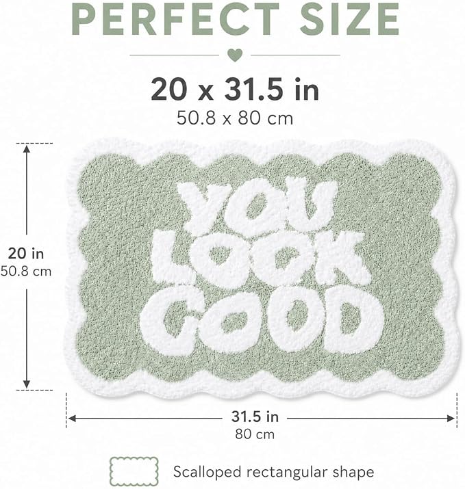 Scalloped Sage Green Bath Rug, You Look Good Cute Bathroom Rug, Soft Absorbent Quick Dry Bath Mat, TPR Non Slip Backing, Microfiber Mat for Shower Tub Sink Vanity 20" x 31.5"