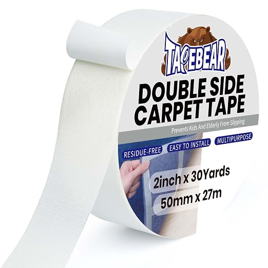 TAPEBEAR Carpet Tape Double Sided 2Inch x 30Yards, Heavy Duty Rug Gripper Anti Slip Anti Curling Floor Tape Residue-Free, Two Sided, Removable, Waterproof for Area Rugs, Mats, Strong Hold for Tile
