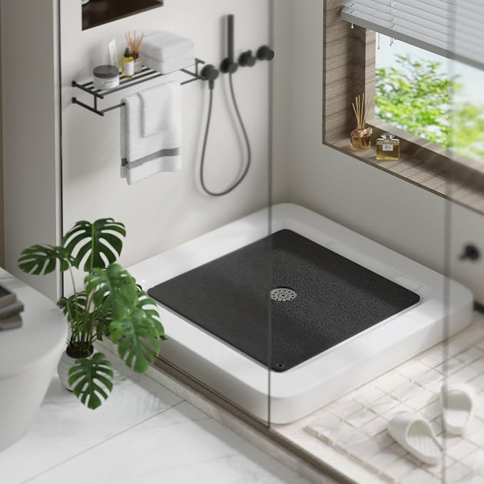 HITSLAM Square Shower Mat, 32 x 32 Inch Non Slip Bath Mat for Tub, Soft PVC Loofah Bathtub Mats with Drain Holes, Quick Drying Bathroom Stall Floor Mat, Bathroom Accessories Without Suction Cup, Black