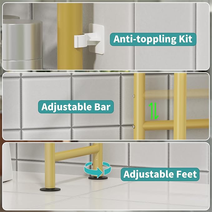 3-Tier Over The Toilet Storage Organizer, Space-Saving Bathroom Rack with Paper Holder & 4 Hooks, 64" Tall Freestanding Carbon Steel Shelf for Small Apartment Laundry Room (Gold)