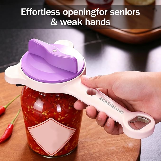 Adjustable Jar Opener for Weak Hands, 4-in-1 Multi-Function Manual Bottle Opener and Corkscrew Set for Seniors with Arthritis, Universal Lid Gripper Kitchen Gadget for All Jar Sizes(purple)