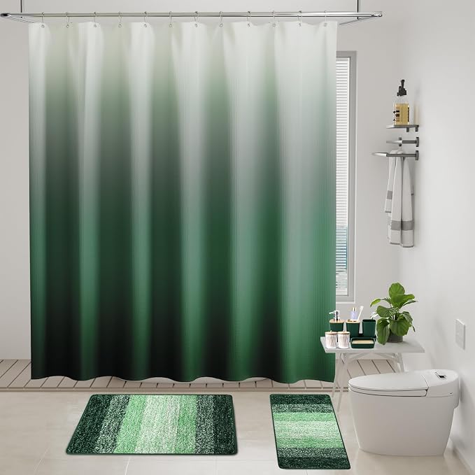 XLHOMO Dark Green Bathroom Accessories Set with Wicker Trash Can Shower Curtain and Rugs,Bathroom Sets Small Waste Basket Bathroom Trash Can for Bedroom Bathroom