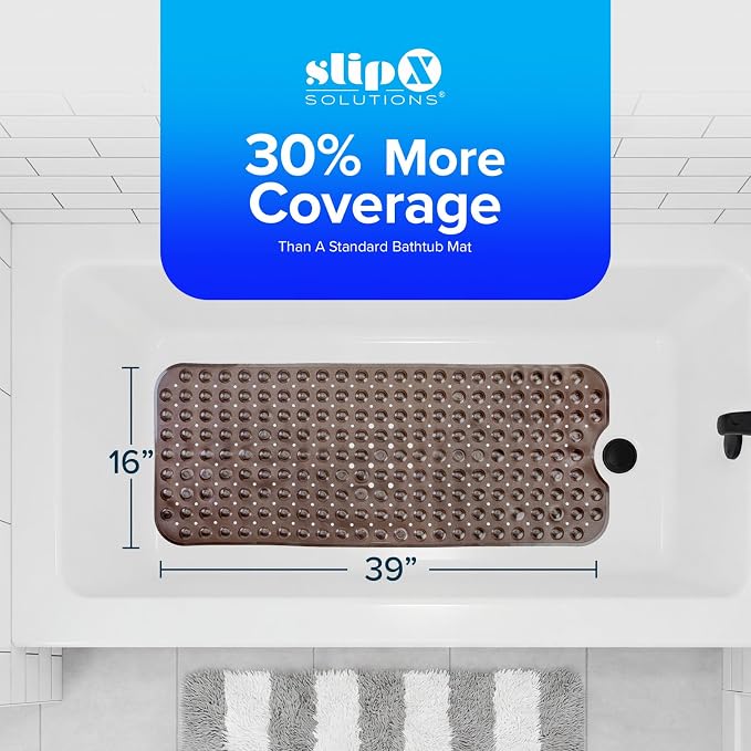 SlipX Solutions Power Grip Extra Long Bath Tub & Shower Mat 39x16, Wet Floor Non-Slip for Elderly & Kids Bathroom, 30% Longer Bathtub Mats, 200 Suction Cups, Drain Holes (1, Translucent Bronze)