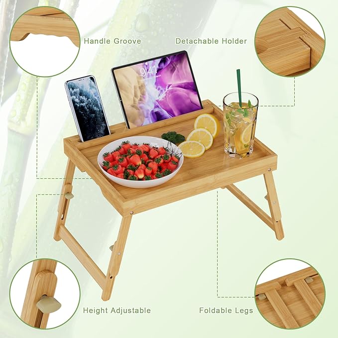 Artmeer Bed Tray Table with Folding Legs, Bamboo Breakfast Food Tray with Media Slot, Use As Platter, Laptop Desk, Snack, TV Tray Kitchen Serving Tray (Bamboo Large Adjustable Legs)