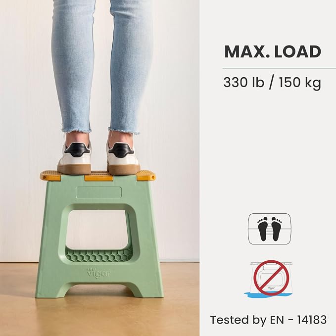 Vigar Compact Folding Step Stool - 12-1/2 Inch Foldable Step Stool for Adults, Lightweight Portable Stool with Handle, Non Slip Step Stool, Space-Saving Stool up to 330 lb- Green, Bamboo Print Top