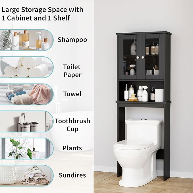 Shintenchi Over The Toilet Storage Cabinet, Bathroom Shelf Organizer with Anti-Tip Device Small Freestanding Space Saver with Adjustable Shelf and Glass Door, Black