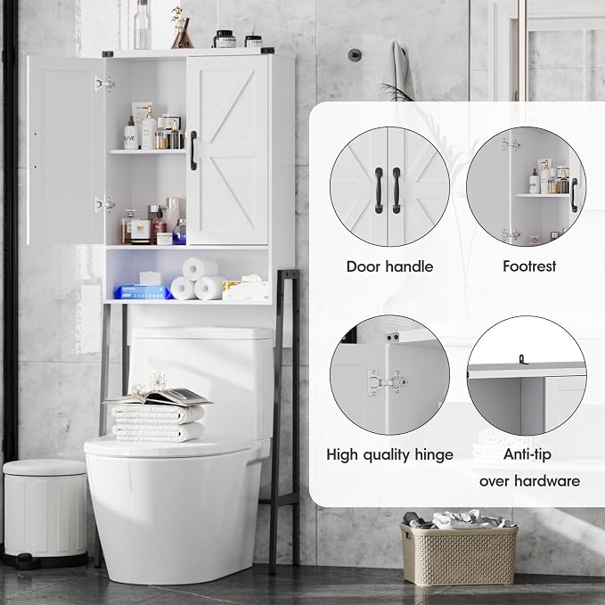 Vabches Over The Toilet Storage Cabinet with 2-Door Design Bathroom Organizers and Storage with Anti-Tip Device Over Toilet Organizer with Shelves for Bathroom,Restroom,Laundry White