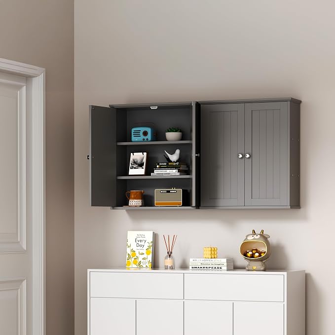 Shintenchi Bathroom Wall Medicine Cabinet with 2 Door, Bathroom Storage Organizer Over The Toilet,Space Saving Storage with 3-Tier Shelves,Gray