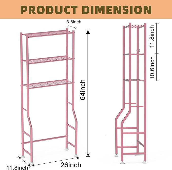 Livilord 3-Tier Over The Toilet Storage Rack, Space Saver Metal Bathroom Shelves, Freestanding Over Toilet Bathroom Organizer for Bathroom/Living Room (Pink)