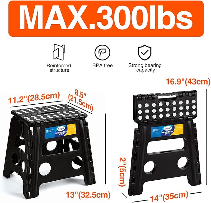 Korpai Folding Step Stool 13 inch,Stepping Stool for Adults and Kids Holds Up to 300 lbs,Non-Slip Kitchen Step Stool with Handle,Plastic Collapsible Stool for Bathroom,Kitchen ect,Black,1PC