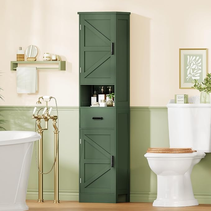 TEENFON 67" H Tall Bathroom Storage Cabinet with Barn Doors and Drawer, Narrow Bathroom Cabinet, Narrow Storage Unit, Adjustable Shelves, Floor Cabinets for Living Room, Forest Green