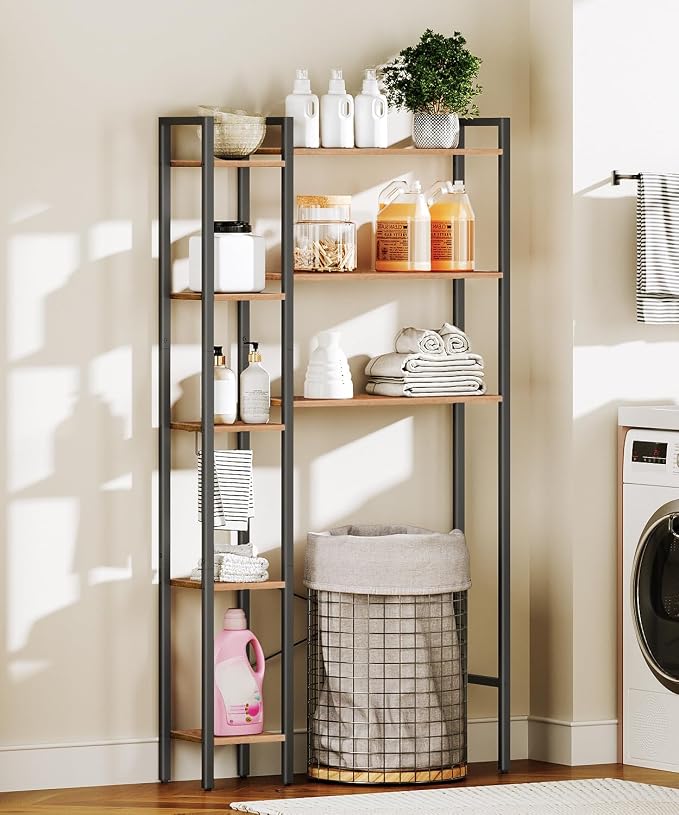 HOOBRO Over The Toilet Storage, 8-Tier Bathroom Organizer Over Toilet Shelf, Storage Rack Above Toilet Stand, Freestanding Space Saver, Toilet Paper Holder, Rustic Brown and Black BF86TS01